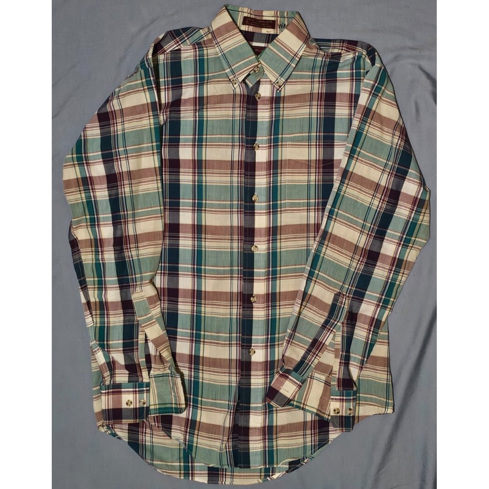CHAPS RALPH‎ LAUREN VTG Shirt Mens M Plaid Button Up Cotton Blend Brown HK